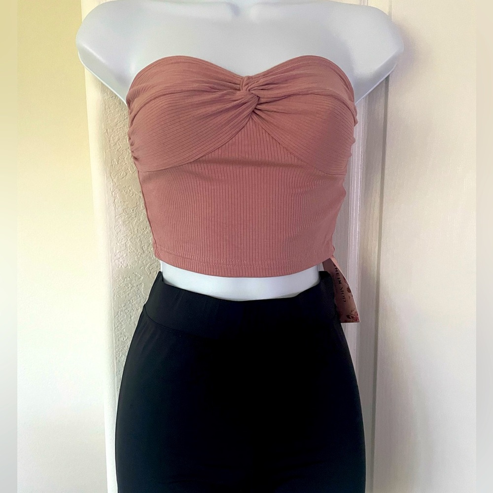 Pink Summer Women Twist Front Ribbed Knit Tube Top